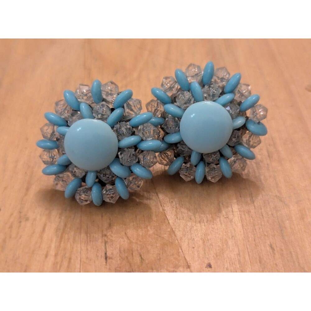 Vintage West Germany Light Blue Beaded Cluster Screw Back Earrings 1950s Glass